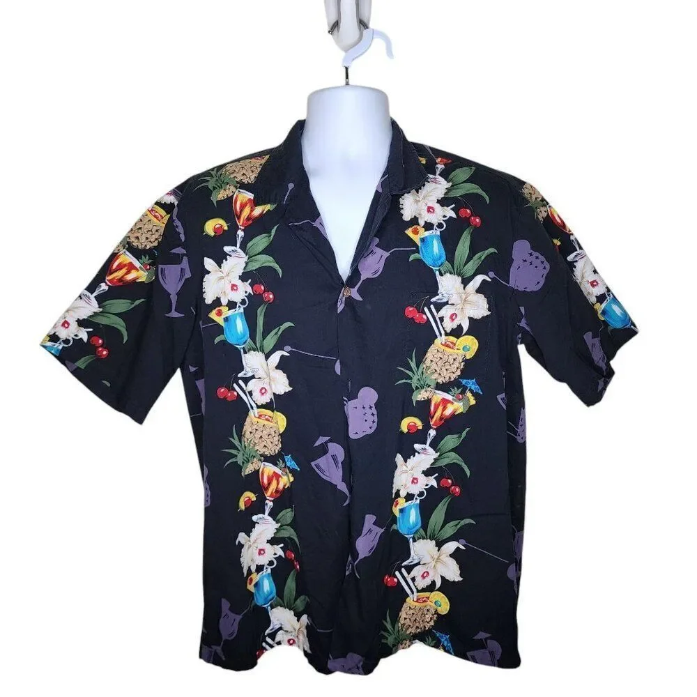 Vintage 80s Short Sleeve Button Up Hawaiian Shirt Mens Size XL Black Cocktails